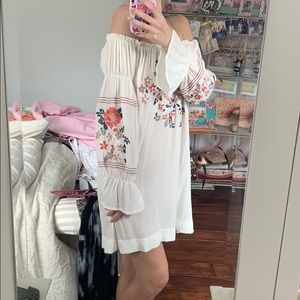 Sheer off the shoulder balloon sleeve dress